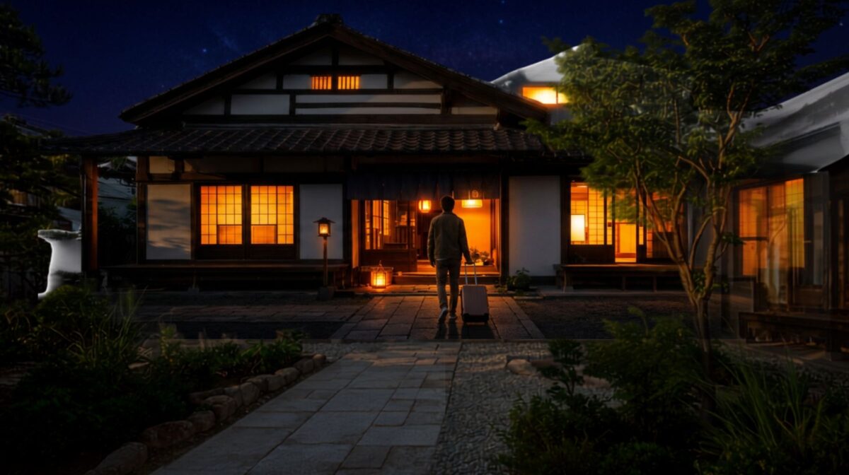 夜、旅行者が古民家宿の玄関へ向かう様子