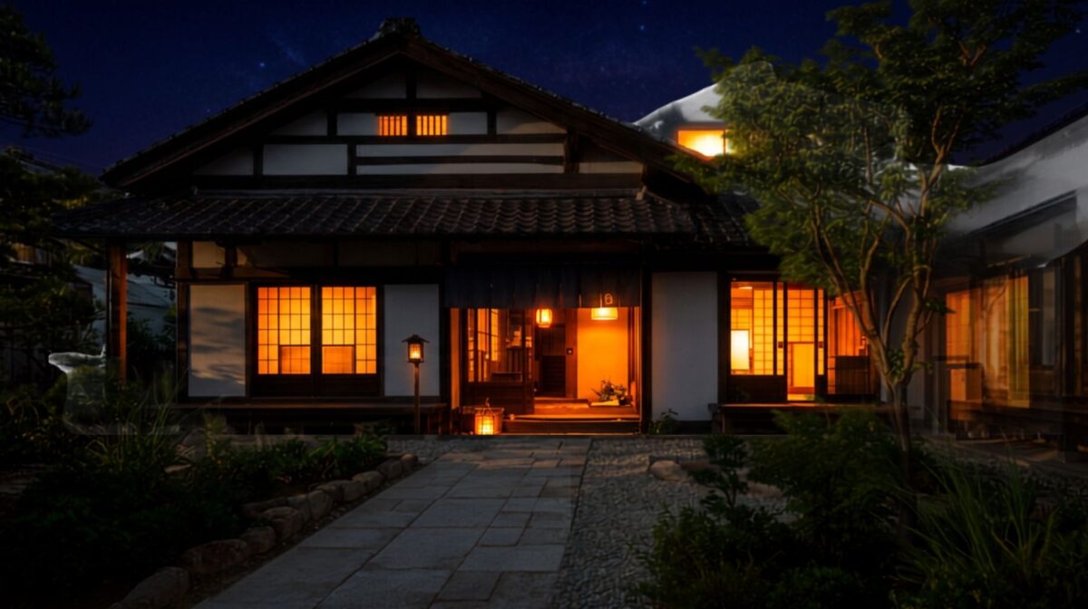 夜、灯りがともる古民家宿