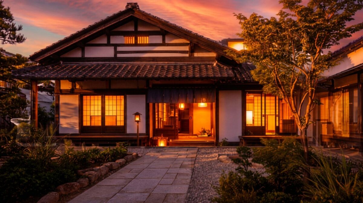 夕焼けに染まる古民家宿